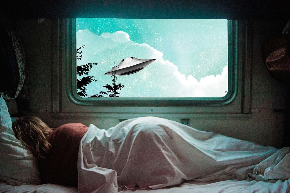 Surreal UFO, sleeping woman background, art remix.  Remixed by rawpixel.