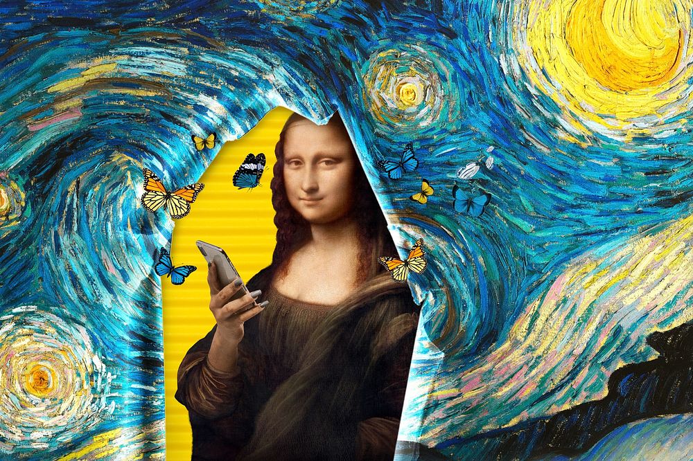 Starry Night, Mona Lisa background, art remix.  Remixed by rawpixel.