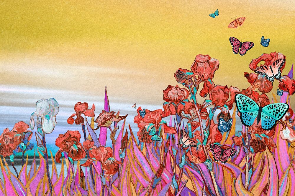 Van Gogh's Irises background, art remix.  Remixed by rawpixel.