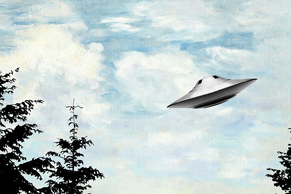 Flying UFO background, art remix.  Remixed by rawpixel.