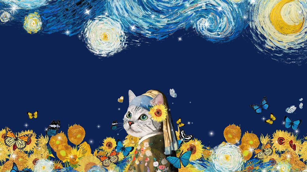 Sunflower cat woman desktop wallpaper. Remixed by rawpixel.