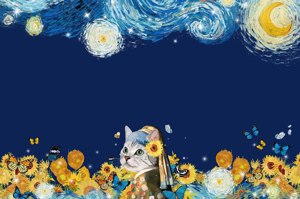 Sunflower cat woman background, art remix.  Remixed by rawpixel.