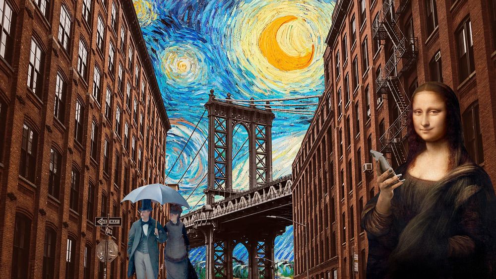 Manhattan Bridge, Mona Lisa desktop wallpaper. Remixed by rawpixel.