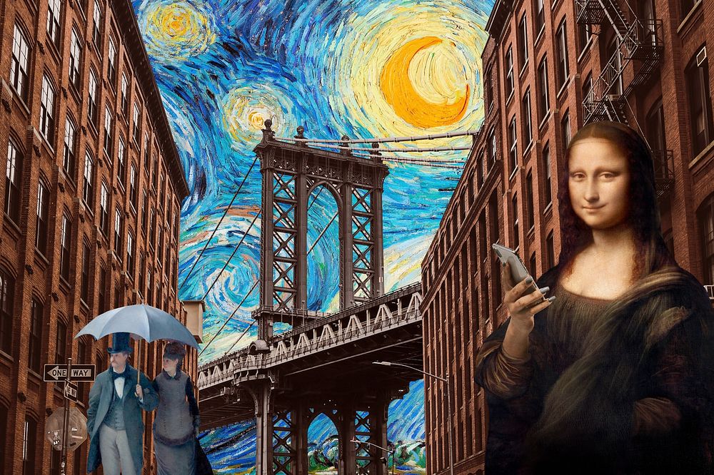 Manhattan Bridge, Mona Lisa background, art remix.  Remixed by rawpixel.