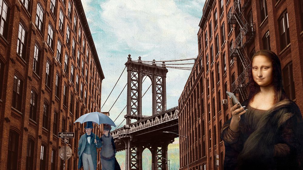 Manhattan Bridge, Mona Lisa desktop wallpaper. Remixed by rawpixel.