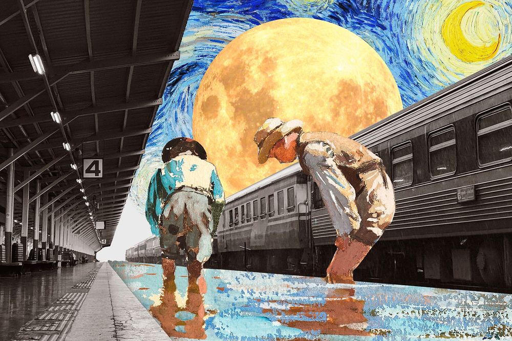 Surreal train station background, art remix.  Remixed by rawpixel.