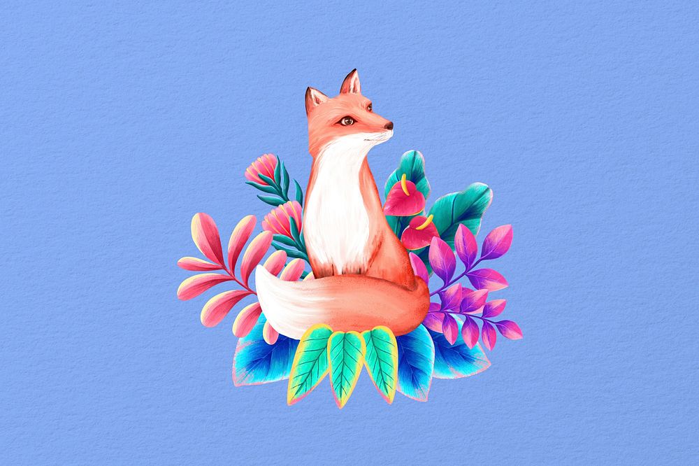 Cute fox background, blue floral design