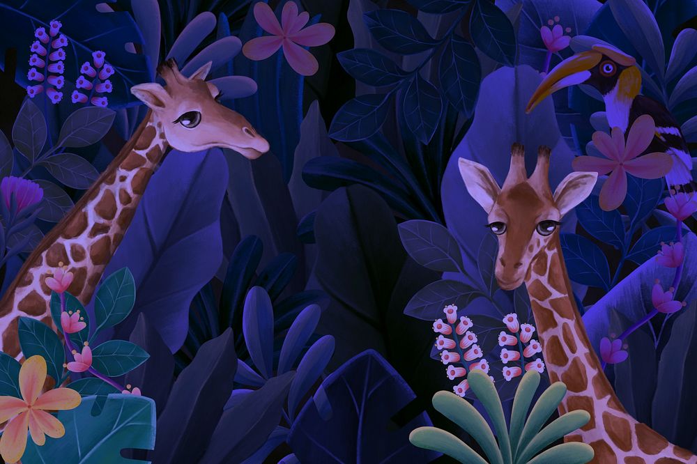 Night safari giraffe background, jungle design
