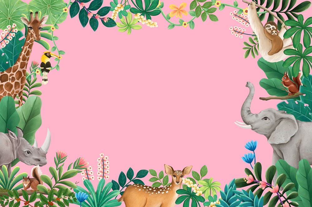 Jungle wildlife frame background, pink design