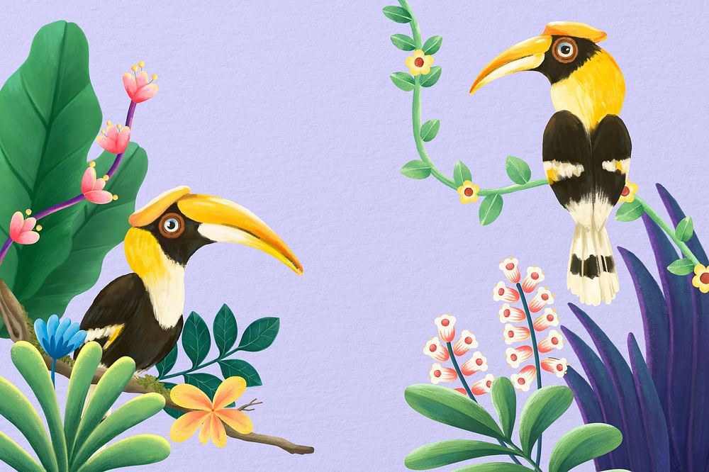 Hornbill bird border background, purple design