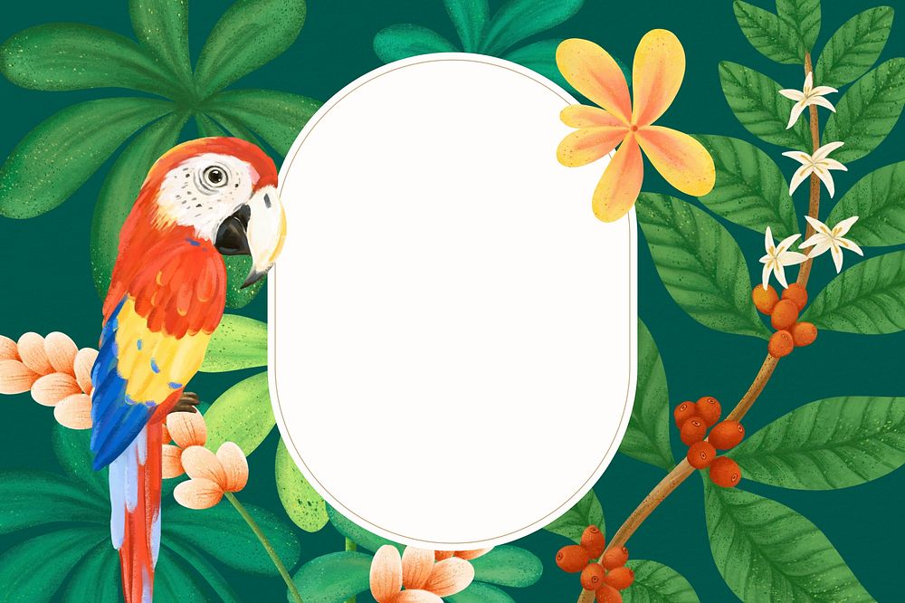 Macaw bird frame background, green floral design