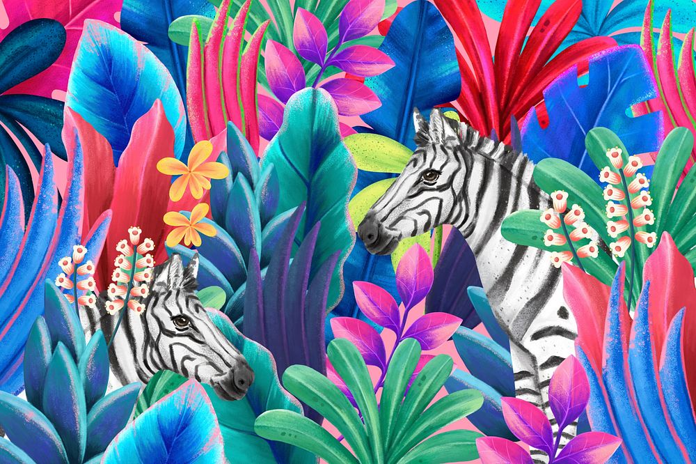 Cute zebra background, colorful leaf design