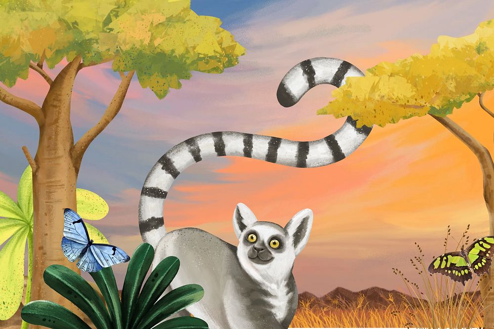 Cute wildlife background, gradient sky & lemur design