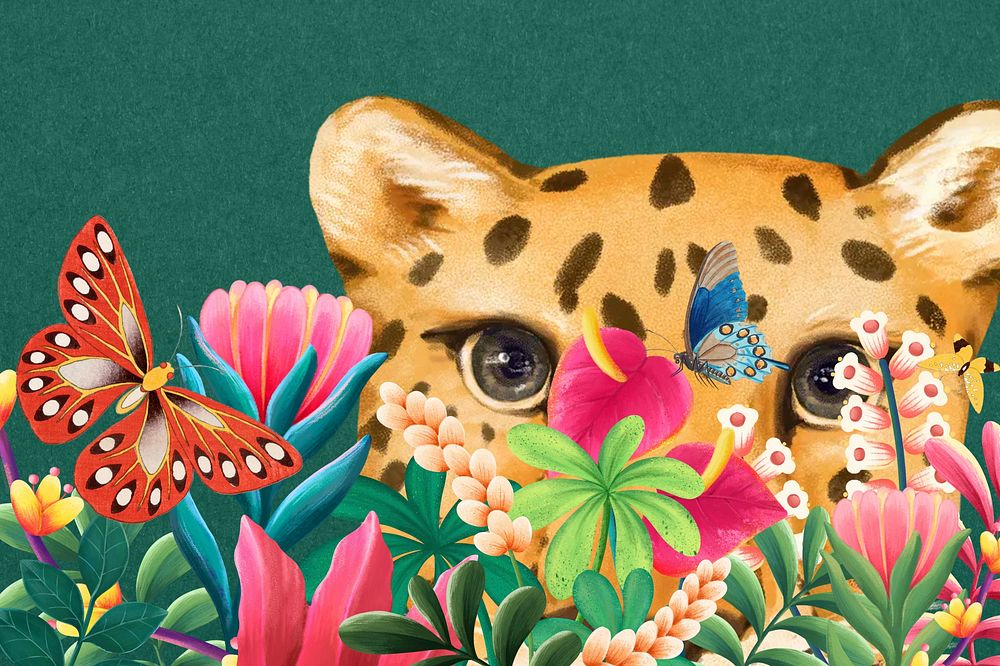 Cute leopard background, floral green design