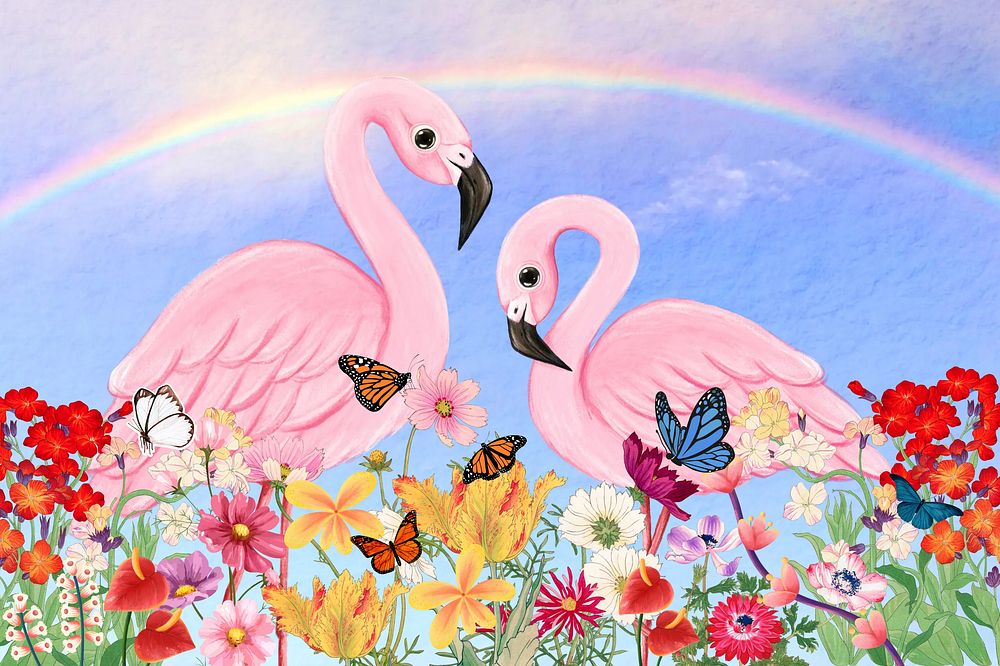 Aesthetic flamingo background, rainbow sky design