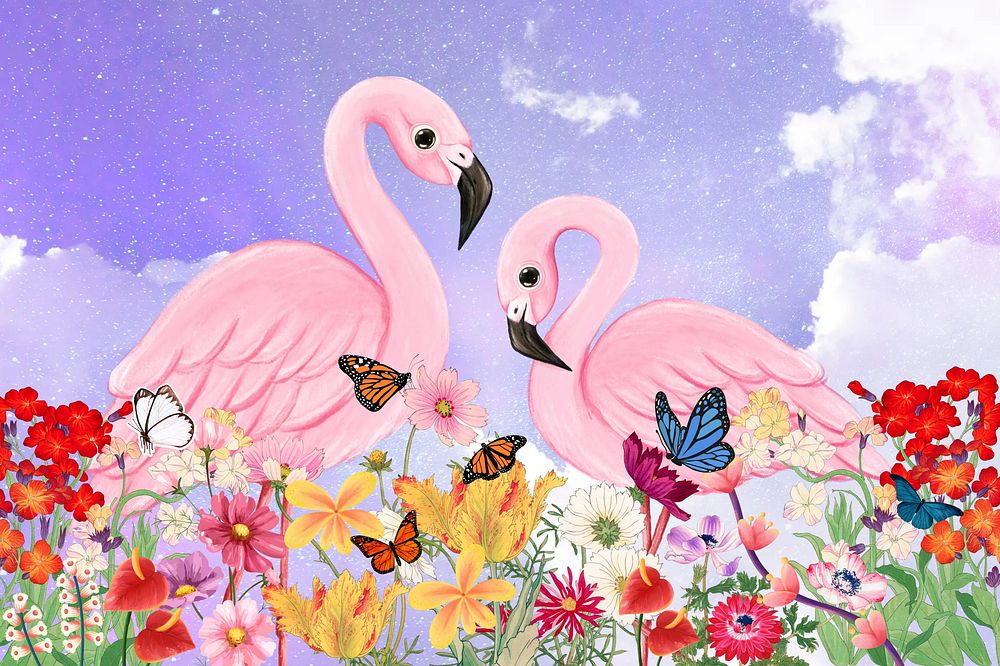 Aesthetic flamingo background, purple sky design