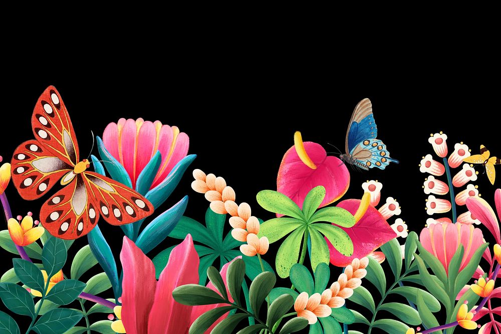 Aesthetic tropical black background, flowers & butterfly design