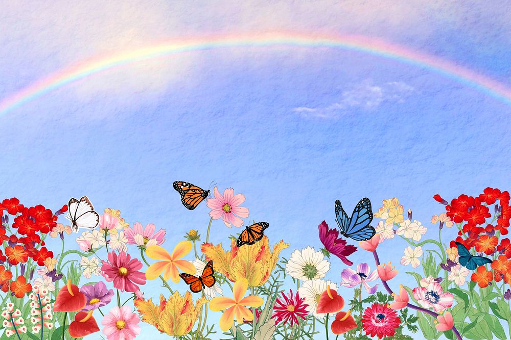 Aesthetic rainbow sky background, flowers & butterfly design