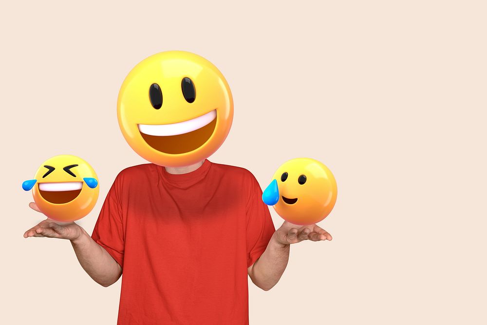 Smiling emoticon man background, 3D graphic