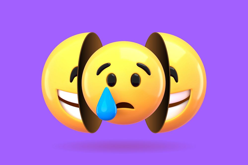 Smiling outside crying inside emoji, purple background