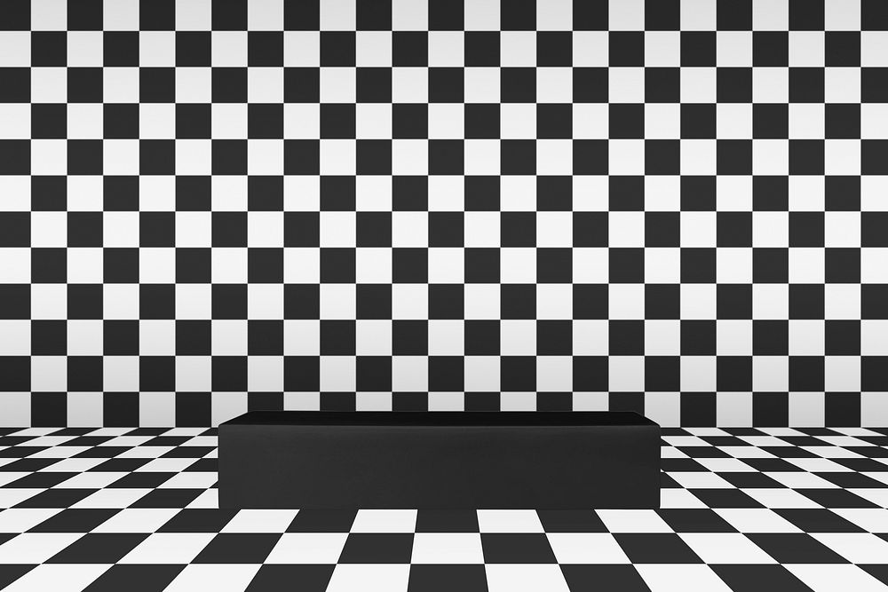 Checkered product backdrop, black stand in 3D