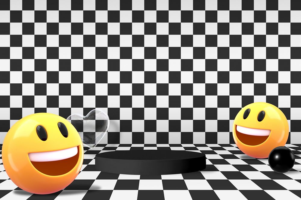 3D emoticons background, black checkered product backdrop