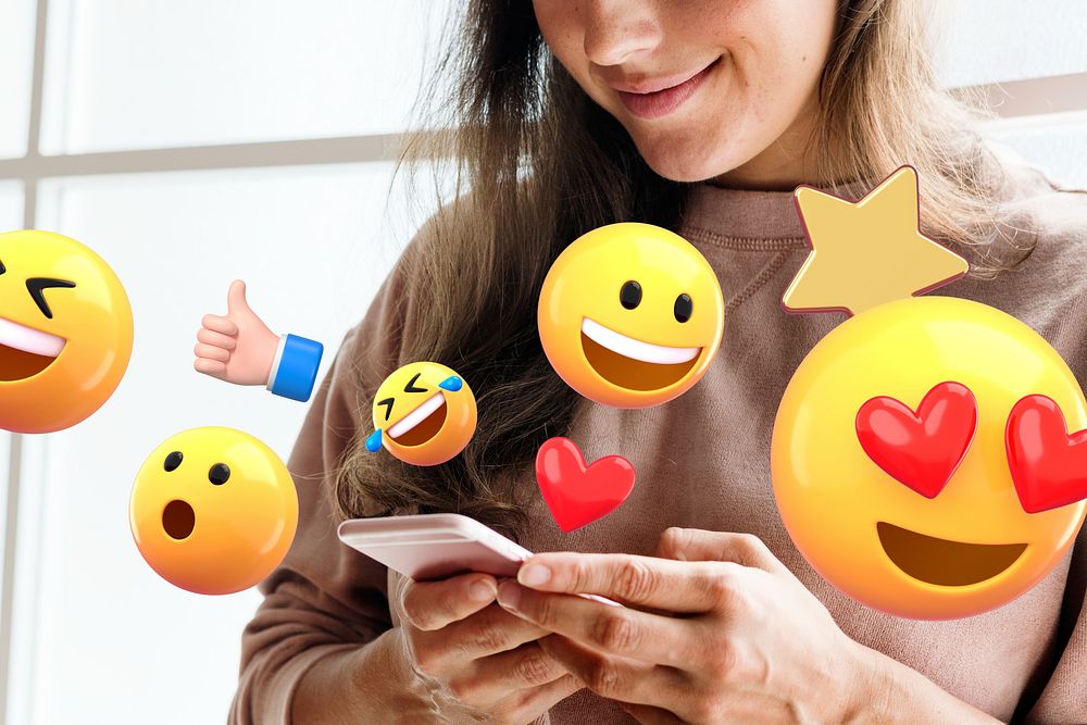 Woman using phone, 3D social media engagement emoticons remix