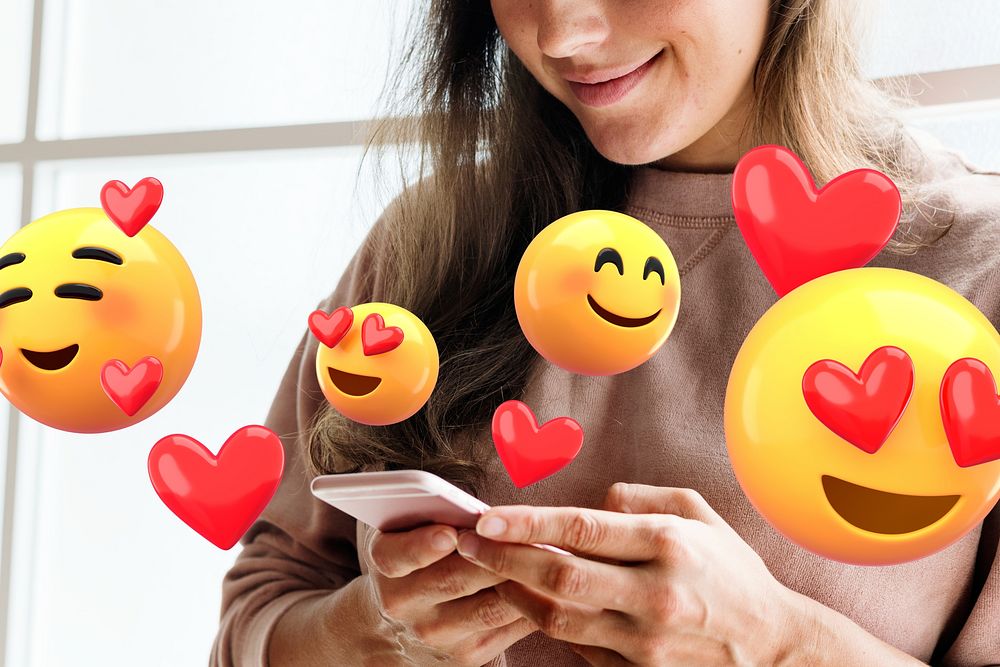 Woman sending love emoticons, 3D remix