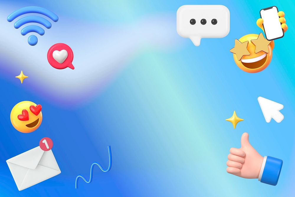 Online marketing blue background, 3D emoji design