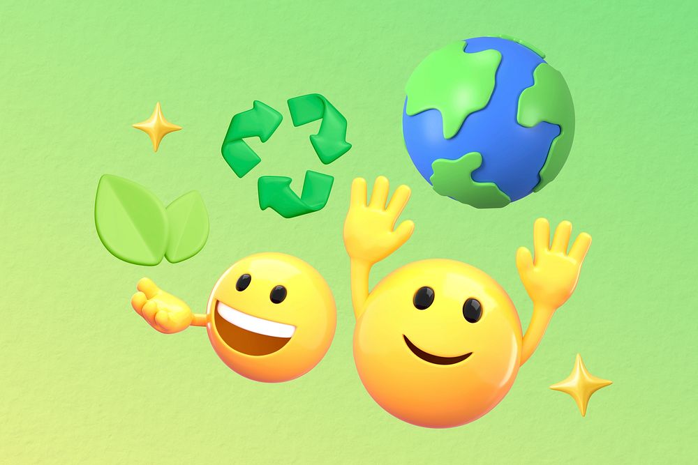 Eco-friendly green background, 3D emoji design
