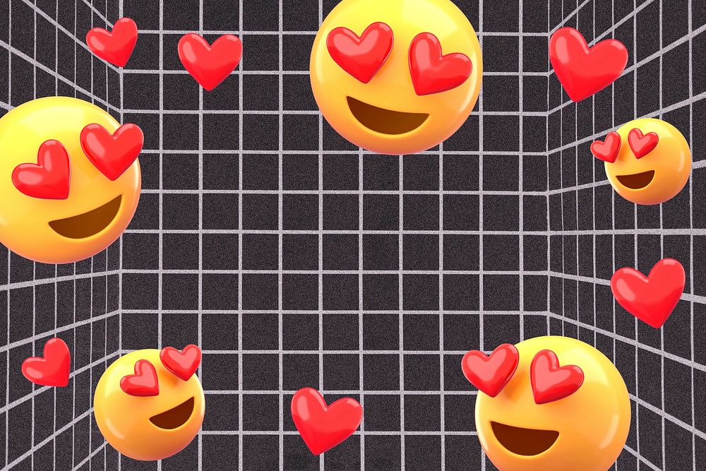 3D heart-eyes emoticons background, black grid pattern