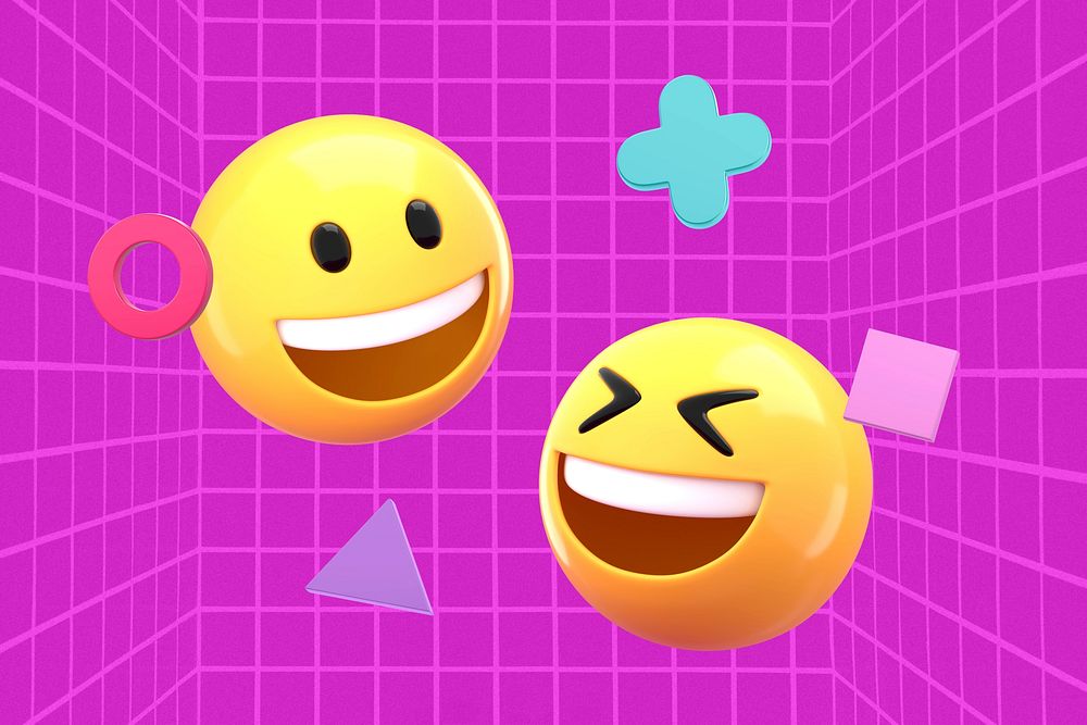 Purple grid geometric background, 3D emoticons 