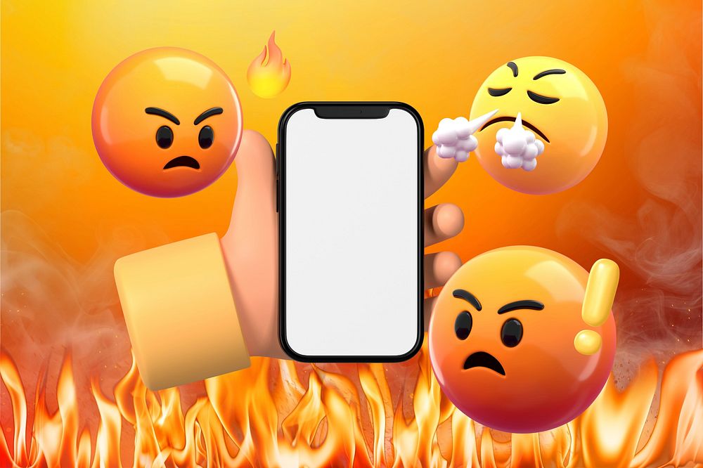 Angry emoticons, blank phone screen with design space