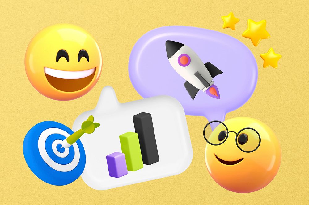Successful startup business, 3D emoticons, yellow design