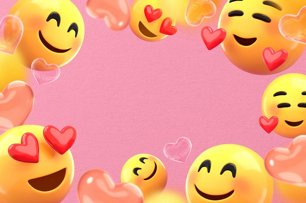 Pink emoticons frame background, happy smiling faces