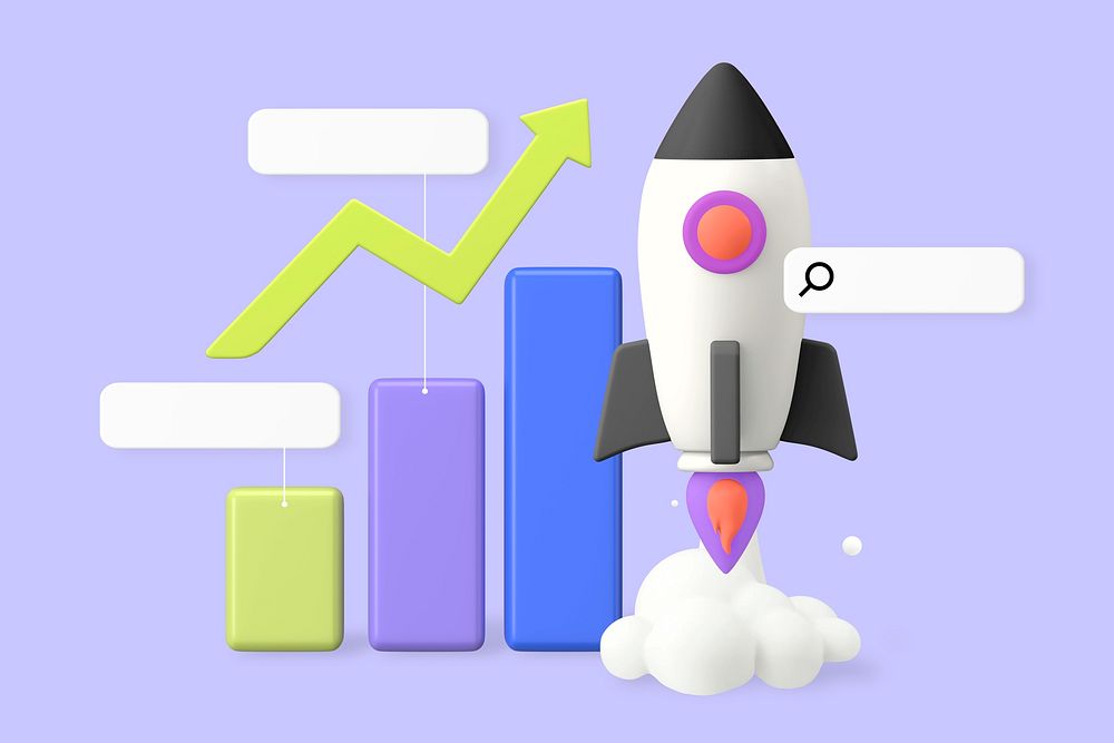 Startup launch 3D, purple background design
