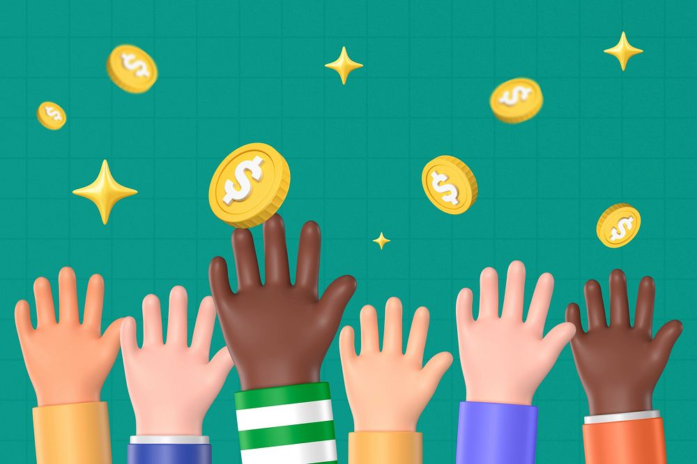 Finance passive income background, 3D diverse hands raising illustration