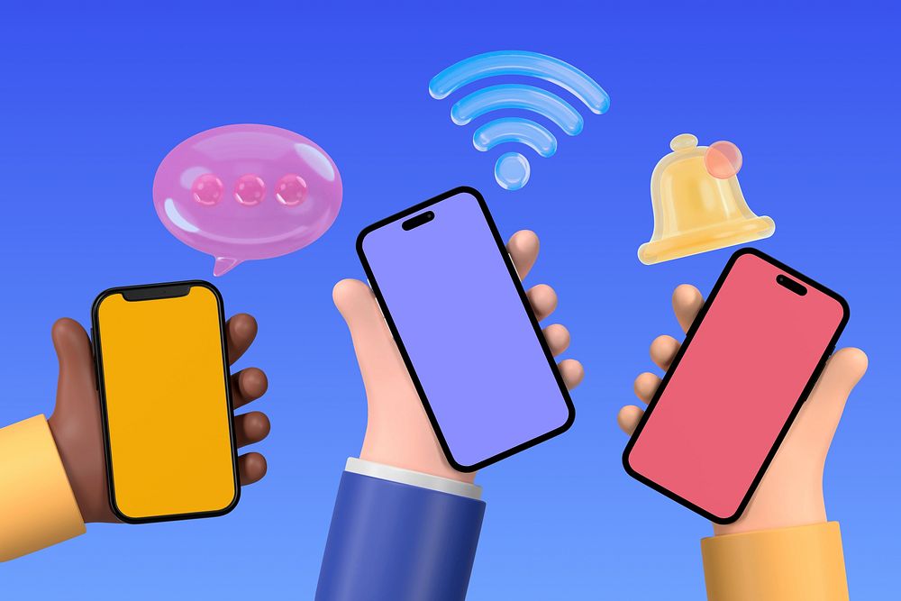 Hands holding smartphones background, 3D social media