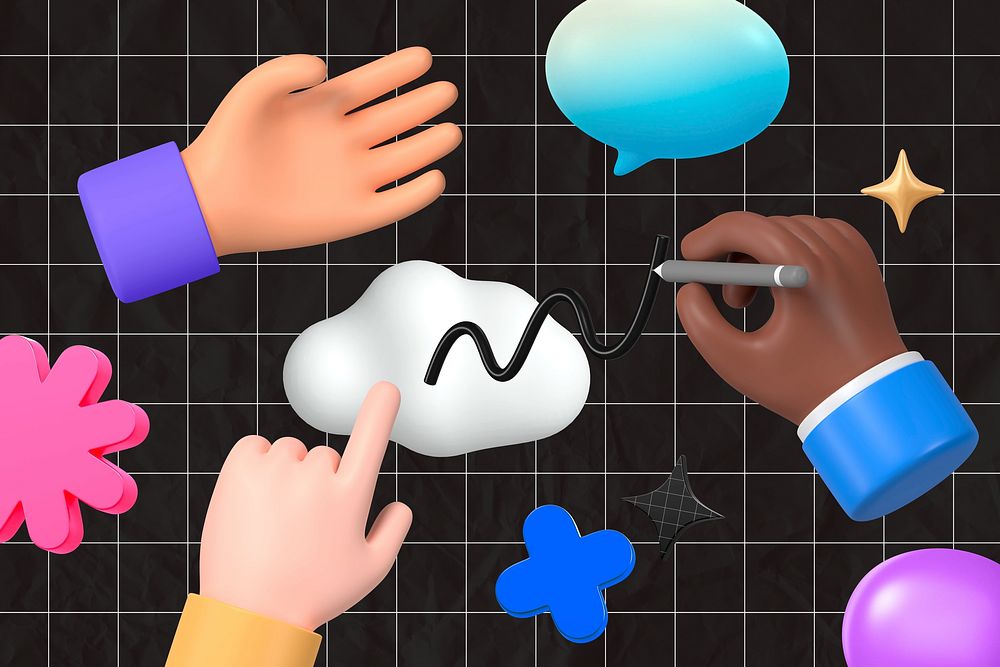 3D business teamwork background, diverse hands illustration