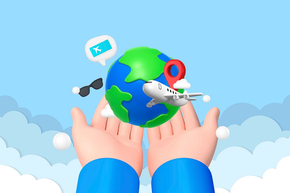 3D world traveling background, hand presenting globe illustration