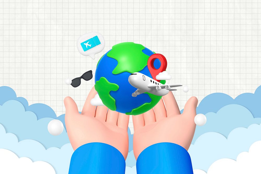 3D world traveling background, hand presenting globe illustration