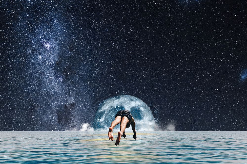 Aesthetic galaxy background, man swimming design