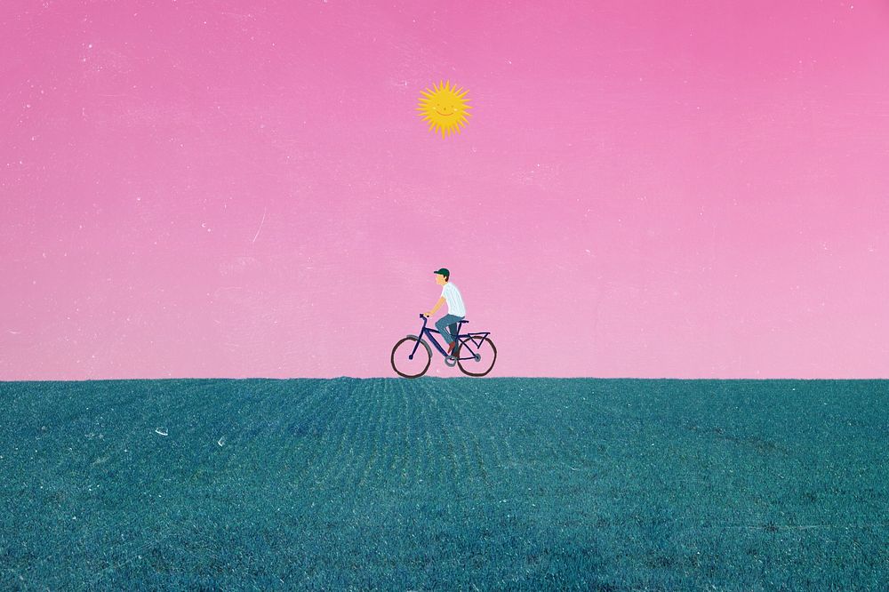 Aesthetic pink evening background, man riding bike