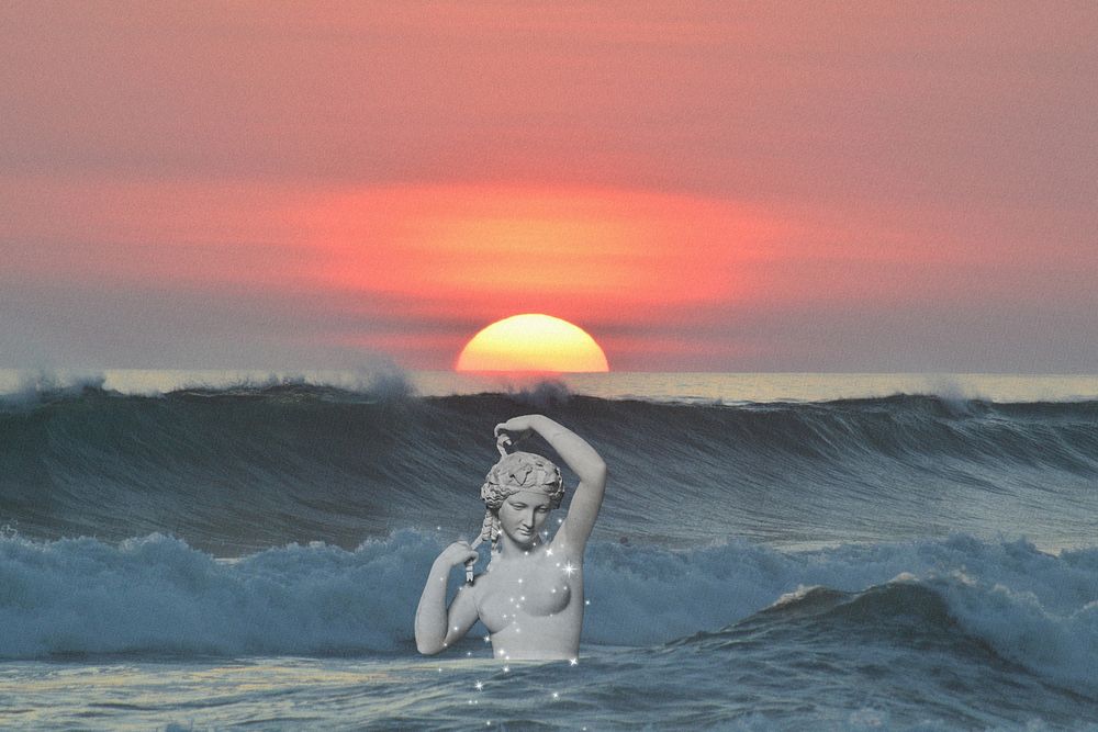 Sunset & sea background, statue design 