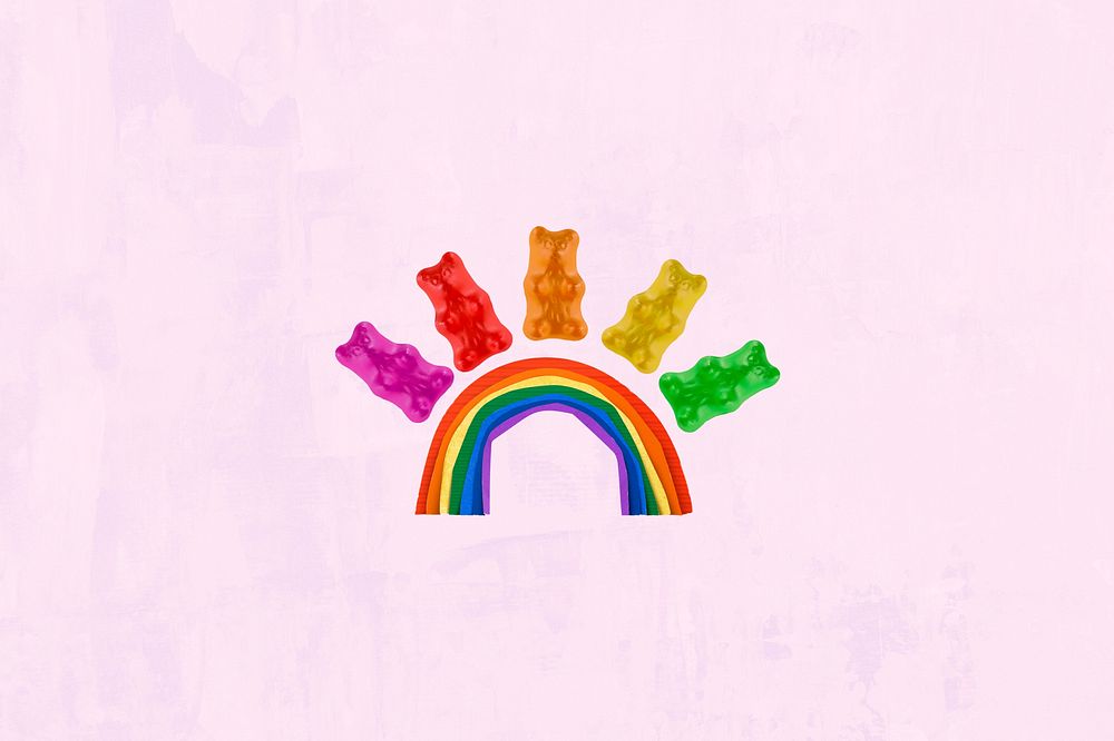Gummy bears pink background, rainbow design