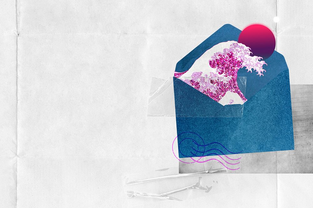 Hokusai's Japanese wave background, pink ocean letter, remixed by rawpixel