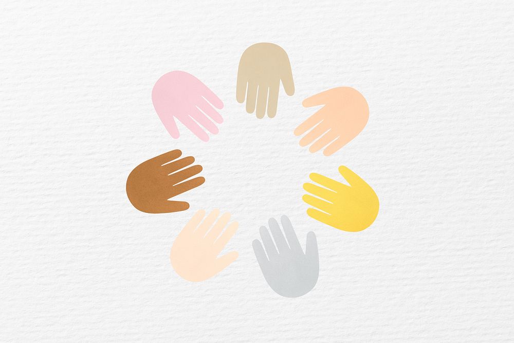 Hands unity white background, colorful design
