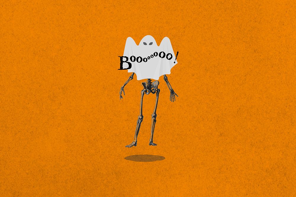 Skeleton Halloween orange background, aesthetic design