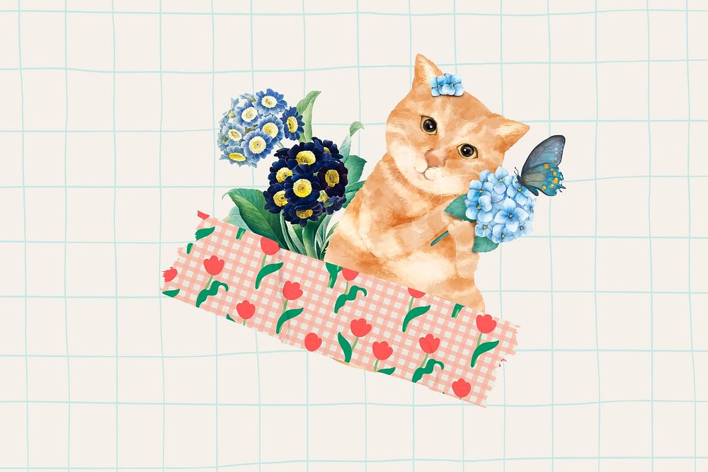 Cute cat collage background, flowers remix