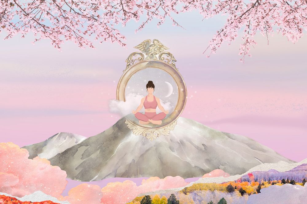 Aesthetic pink yoga background, floral design